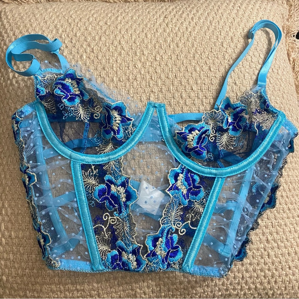 Bras and ThingsFloral Embroidered Lace NEW XS underwire sheer Longline Bra